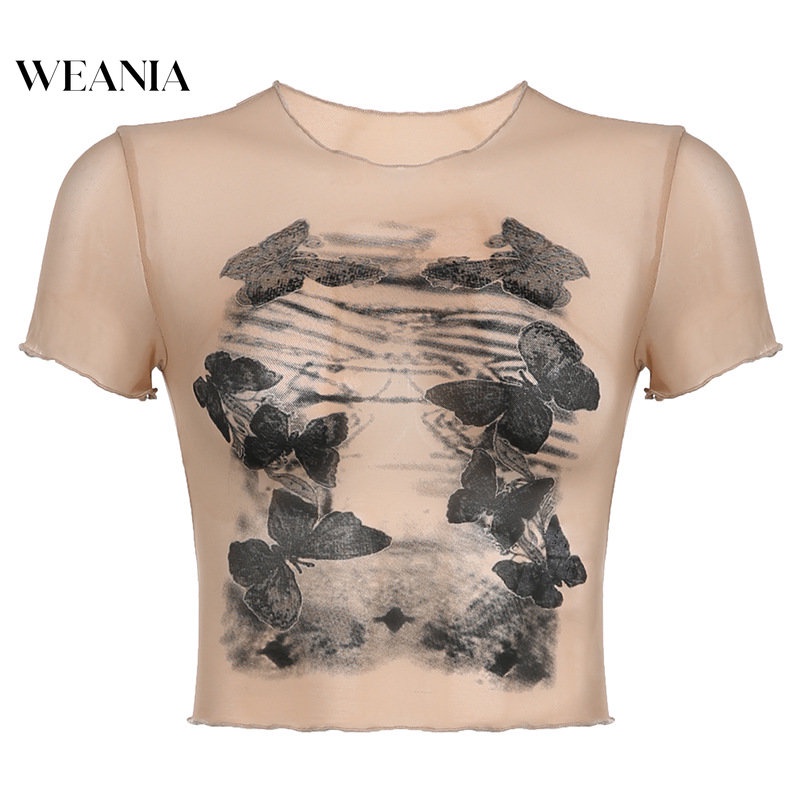 Áo Lưới Tay Ngắn Xuyên Thấu In Họa Tiết Bươm Bướm Cho Nữ