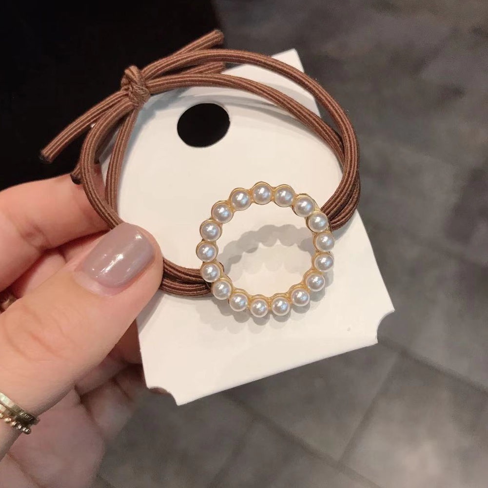 1 Dây Buộc Tóc Da Đính Ngọc Trai Hình Trái Tim Phong Cách Retro Pháp