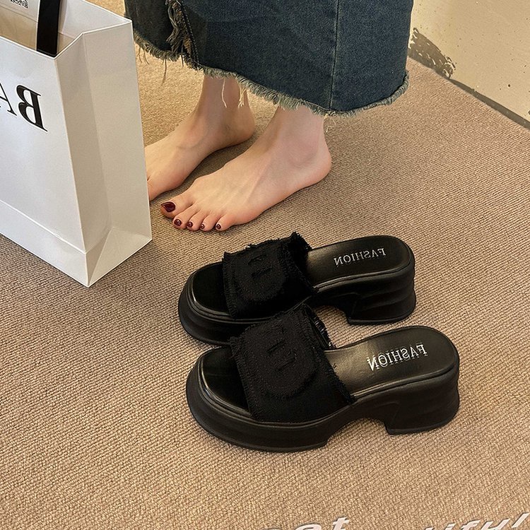 Dép Sandal Đế Xuồng Cao Màu Đen Bằng Vải Bạt Chống Nước Thời Trang Mùa Hè 2023 Dành Cho Bạn Nữ