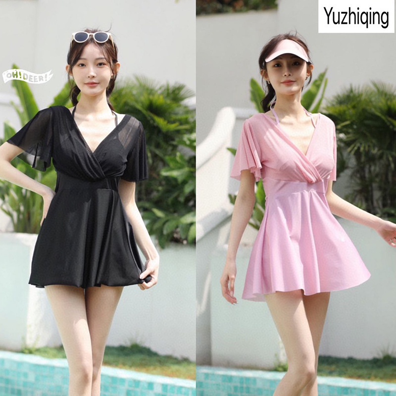 Bộ Đồ Bơi Một Mảnh Cổ Chữ V Che Bụng Chống Lóa Màu Trơn Thời Trang Mùa Xuân Dành Cho Bạn Nữ