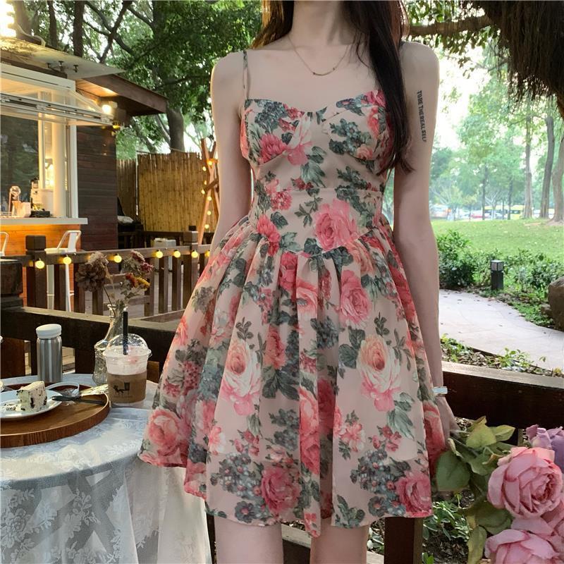 Đầm Hai Dây Dáng Chữ A Lưng Cao Họa Tiết Hoa Phong Cách Pháp Thời Trang Mới