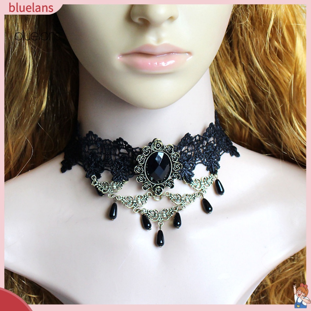 Vòng Cổ Choker Ren Màu Đen Gắn Đá Pha Lê Nhân Tạo Phối Tua Rua Phong Cách Gothic Punk Cho Nữ