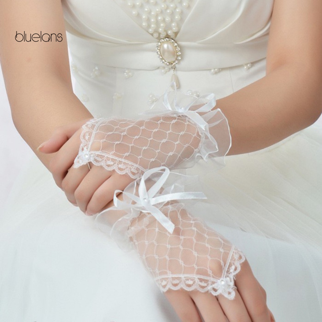 1 Đôi Găng Tay Ren Hở Ngón Đính Nơ Mềm Mại Phong Cách Vintage Cho Cô Dâu