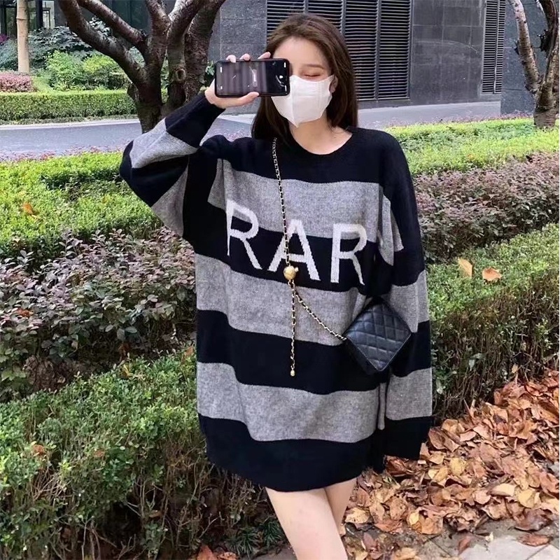 Áo Sweater Dệt Kim Tay Dài Dáng Rộng Cổ Tròn In Chữ Phong Cách Hàn Quốc Thời Trang Cho Nữ