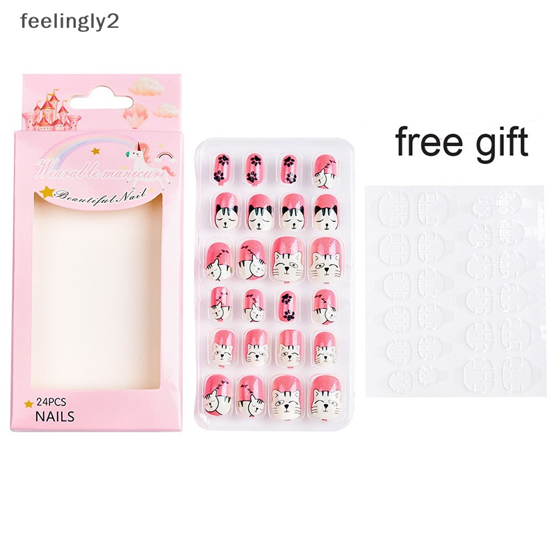 Bộ 24 Móng Tay Giả Họa Tiết Hoạt Hình Nhiều Màu Dễ Thương Cho Bé Gái