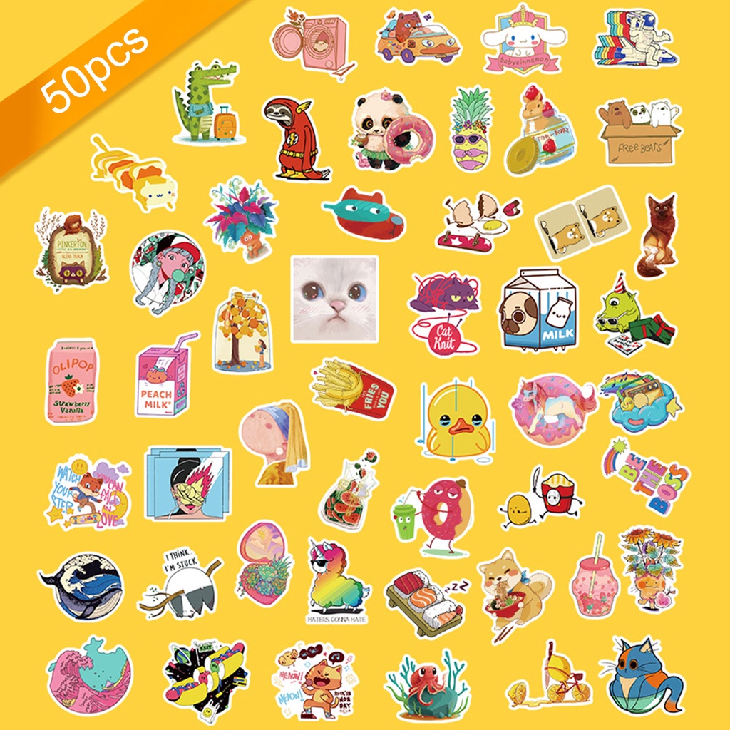 Set 50 Miếng Dán Hoạt Hình Tự Dính Trang Trí Vali / Guitar / Notebook DIY