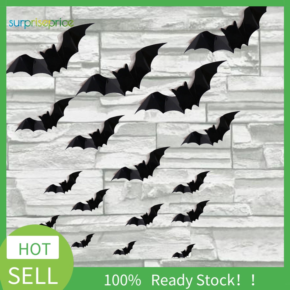 Set 16 Miếng Dán Tường Trang Trí Hình Dơi 3D Bằng PVC Tháo Rời Được Dành Cho Tiệc Halloween