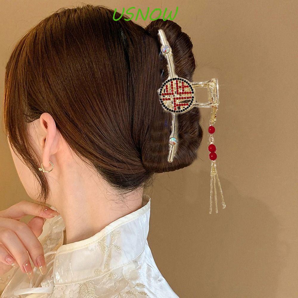 USNOW Kẹp Tóc Đuôi Ngựa Cỡ Lớn Đính Hạt Phối Tua Rua Phong Cách Trung Hoa Cổ Điển