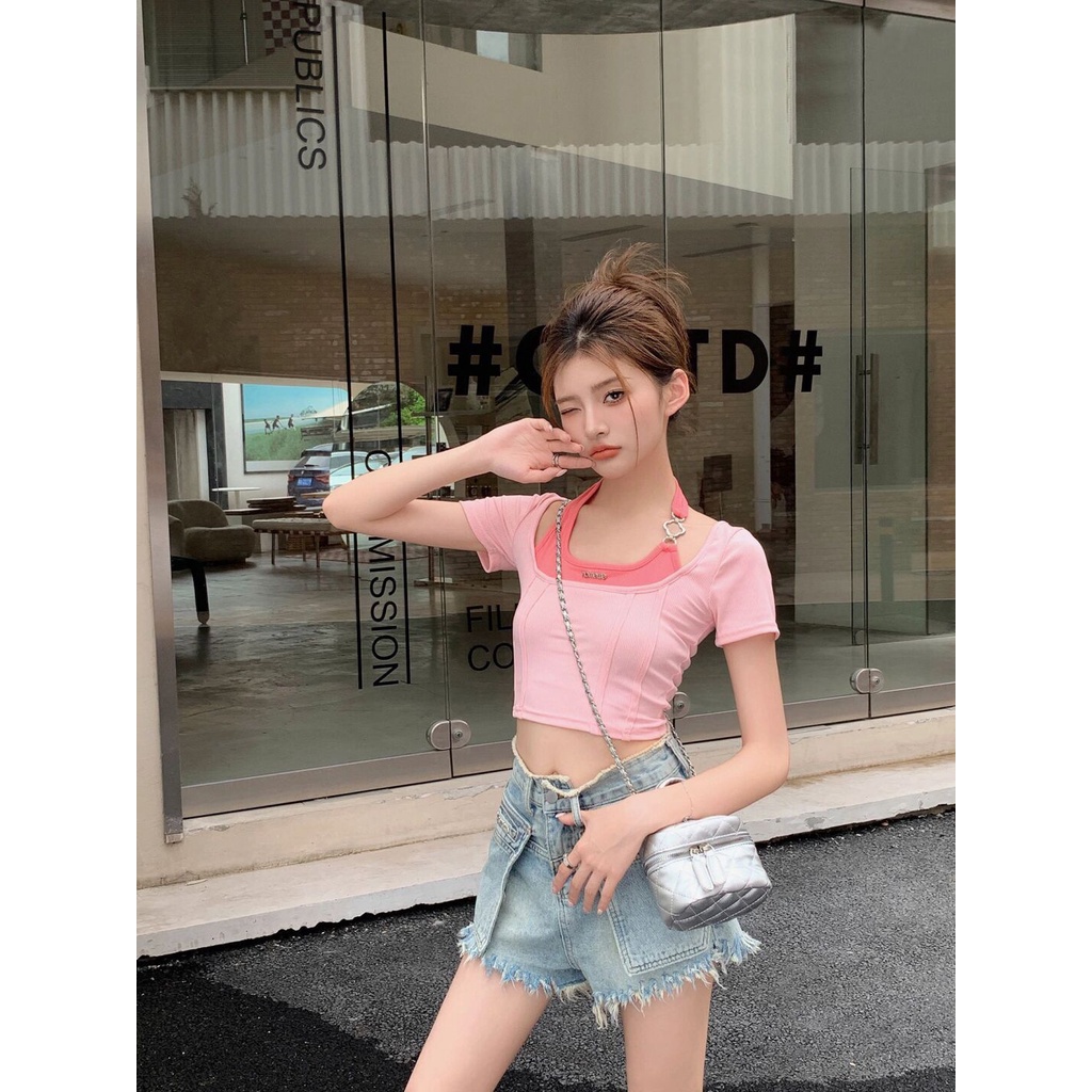 Áo Thun Giả Hai Lớp Dáng Ôm Màu Tương Phản Phong Cách Retro Dành Cho Nữ