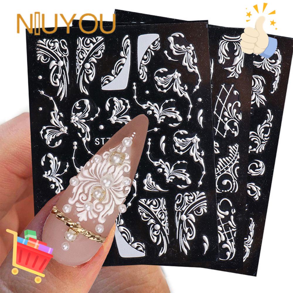 NIUYOU Sticker Dán Móng Họa Tiết Ren Hoa Trắng