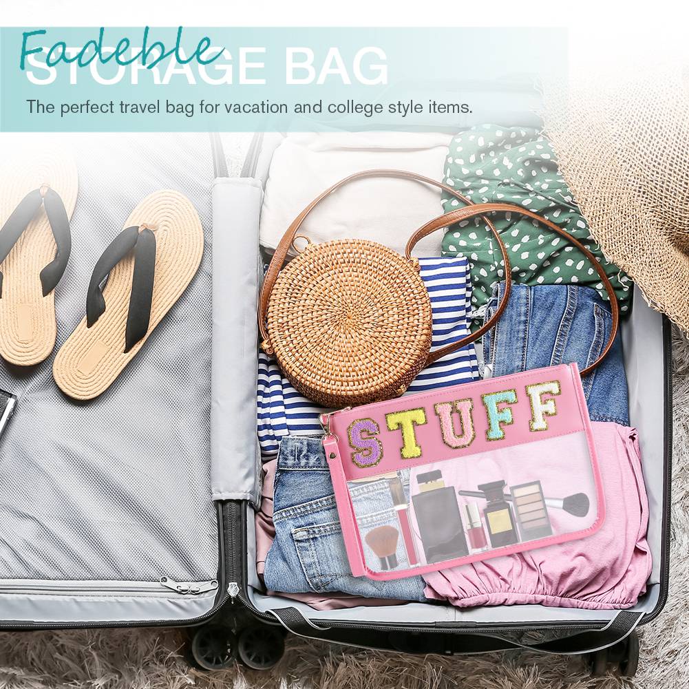 Túi Đựng Mỹ Phẩm Bằng PVC Chenille Trong Suốt In Chữ Có Khóa Kéo Tiện Dụng Mang Theo Du Lịch