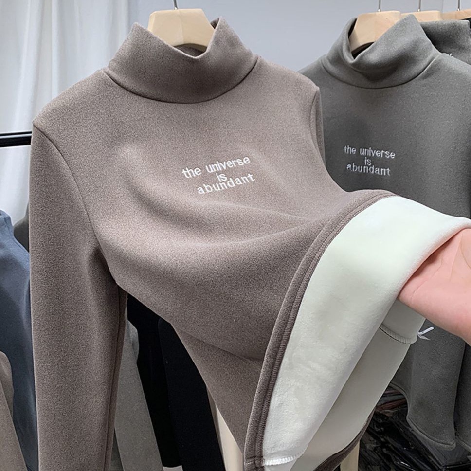 Áo Thun Nữ Tay Dài Cổ Cao Vải Nhung Ấm Áp