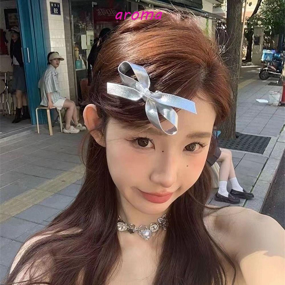 AROMA Kẹp Tóc Nơ Y2k Bằng Da Pu Phối Hợp Kim Màu Bạc Cho Nữ