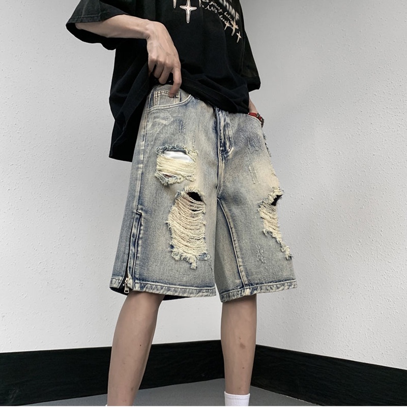 Quần Short Denim Rách Phong Cách Đường Phố Mỹ Cá Tính Cho Nam