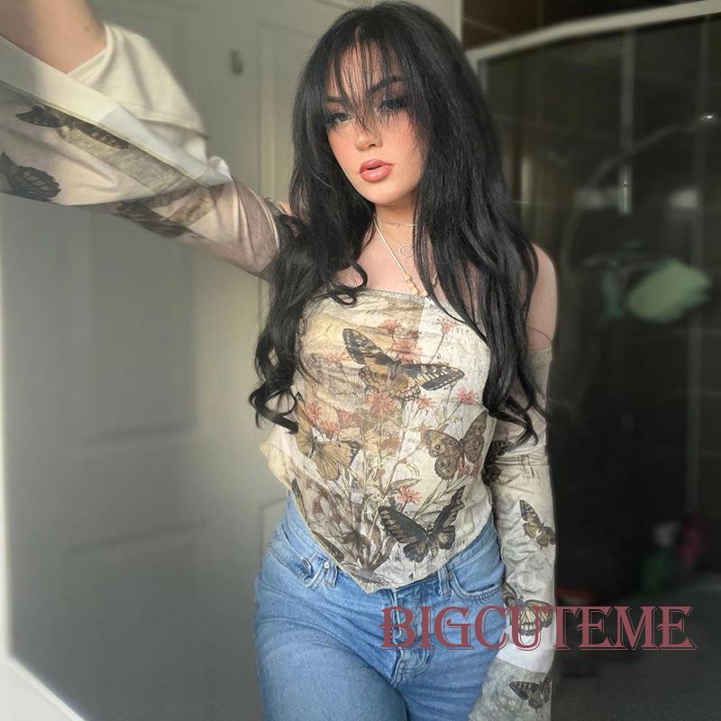 Áo Croptop Trễ Vai Dài Tay In Họa Tiết Hoa Bướm Thời Trang Dành Cho Nữ