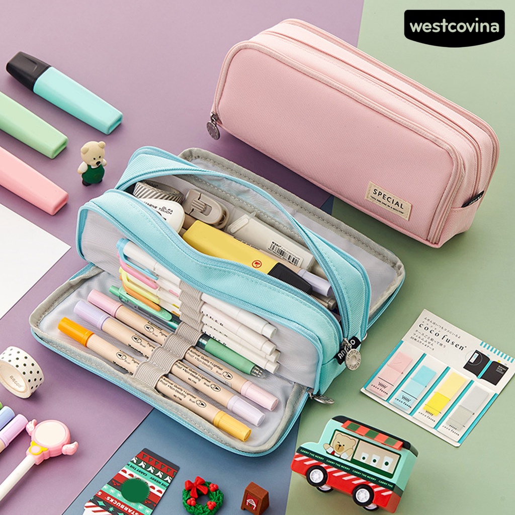 [WSTN]✎Túi Đựng Bút Đa Năng Sức Chứa Lớn Màu Sắc Trơn Có Khóa Kéo Tiện Dụng