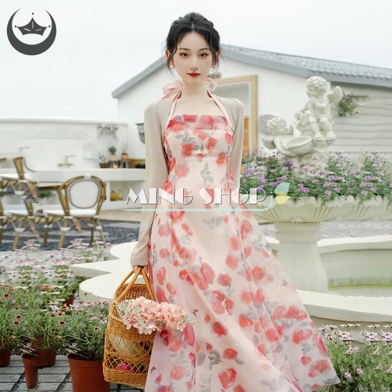 Đầm Maxi Hoa Hai Dây Hở Lưng Gợi Cảm Cho Nữ