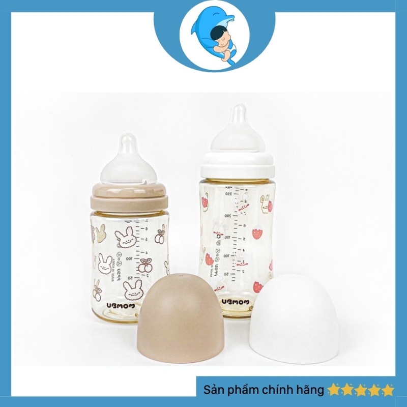 Bình sữa Ubmom họa tiết Hàn Quốc chất liệu PPSU dung tích 200/280ml cho bé tặng kèm tay cầm