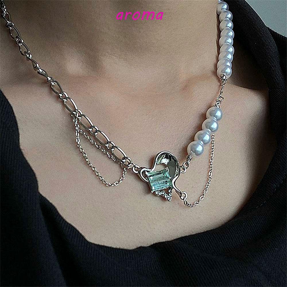 AROMA Vòng Cổ Choker Hình Trái Tim Màu Xanh Lá / Bạc Tùy Chỉnh Phong Cách Hàn Quốc Thời Trang Cho Nữ