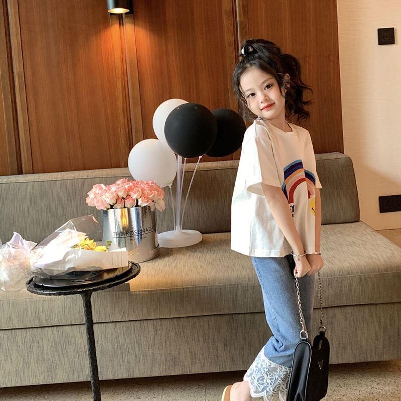 Áo Thun Cotton Ngắn Tay Dáng Rộng In Chữ Màu Cầu Vồng Dễ Thương Cho Bé Gái