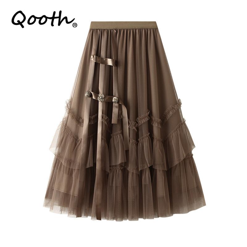 Qooth Nữ Bất Đối Xứng 3 Lớp Voan Váy Lưới Sang Trọng Lưng Thun Tiên Dài Chữ A Váy Tutu Cho Xuân Hè QT2175