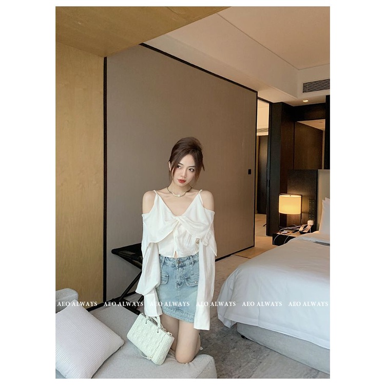 Áo Sơ Mi Trễ Vai Tay Dài Màu Trơn Thời Trang Hàn Quốc