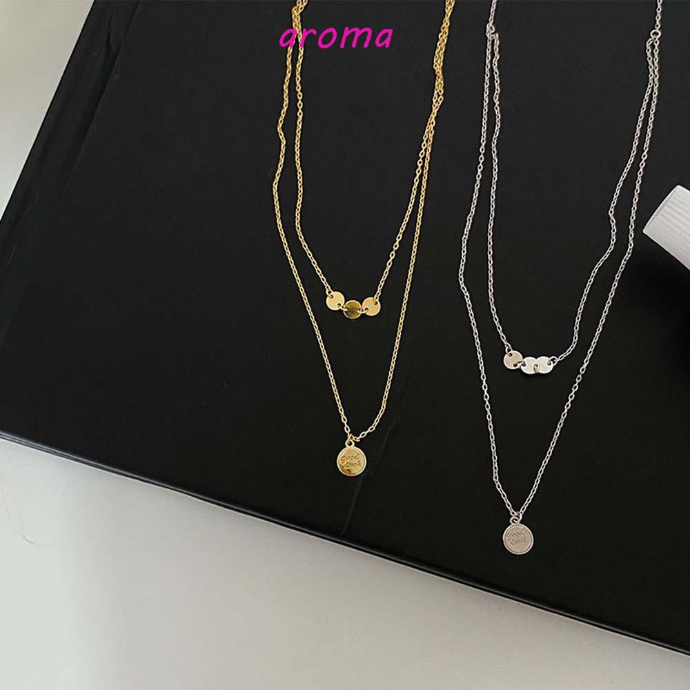 AROMA Vòng cổ Hai Lớp Mặt Hình Đĩa May Mắn Thanh Lịch Thời Trang Hàn Quốc Cho Nữ