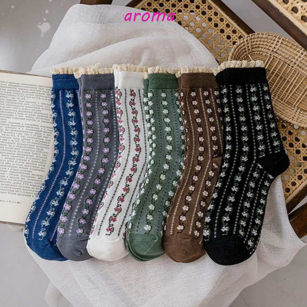 AROMA Vớ Cotton Thoáng Khí Thoải Mái Họa Tiết Sọc / Hoa Phong Cách Hàn Quốc Cho Nữ