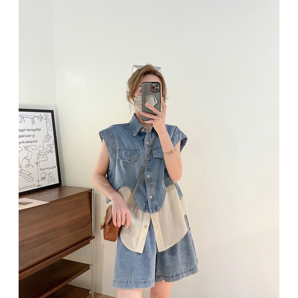 Bộ Áo Denim Không Tay + Quần Short Denim Phong Cách Hàn Quốc Thời Trang Mùa Hè 20023 Mới