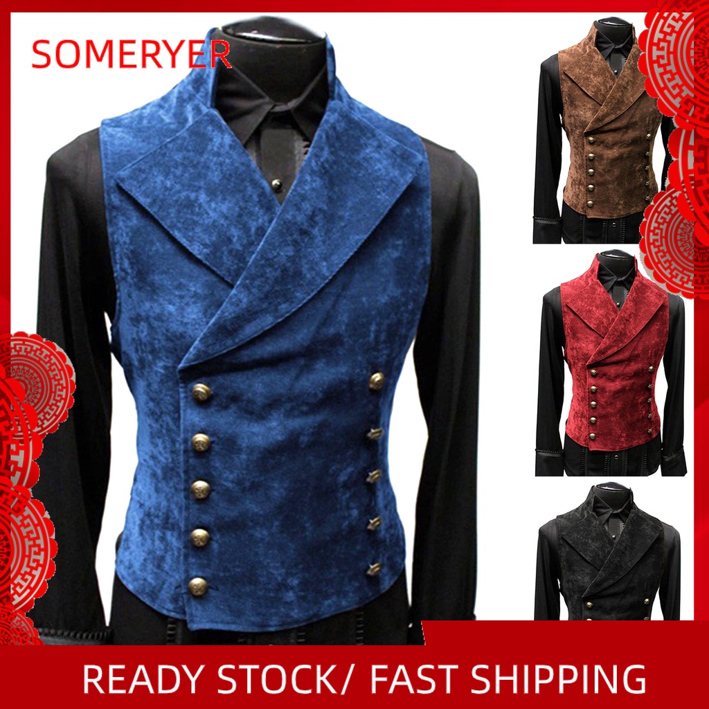 (someryer) Áo Ghi Lê Cổ Đứng Màu Trơn Dáng Ôm Cài Hai Hàng Nút Dành Cho Nam Công Sở