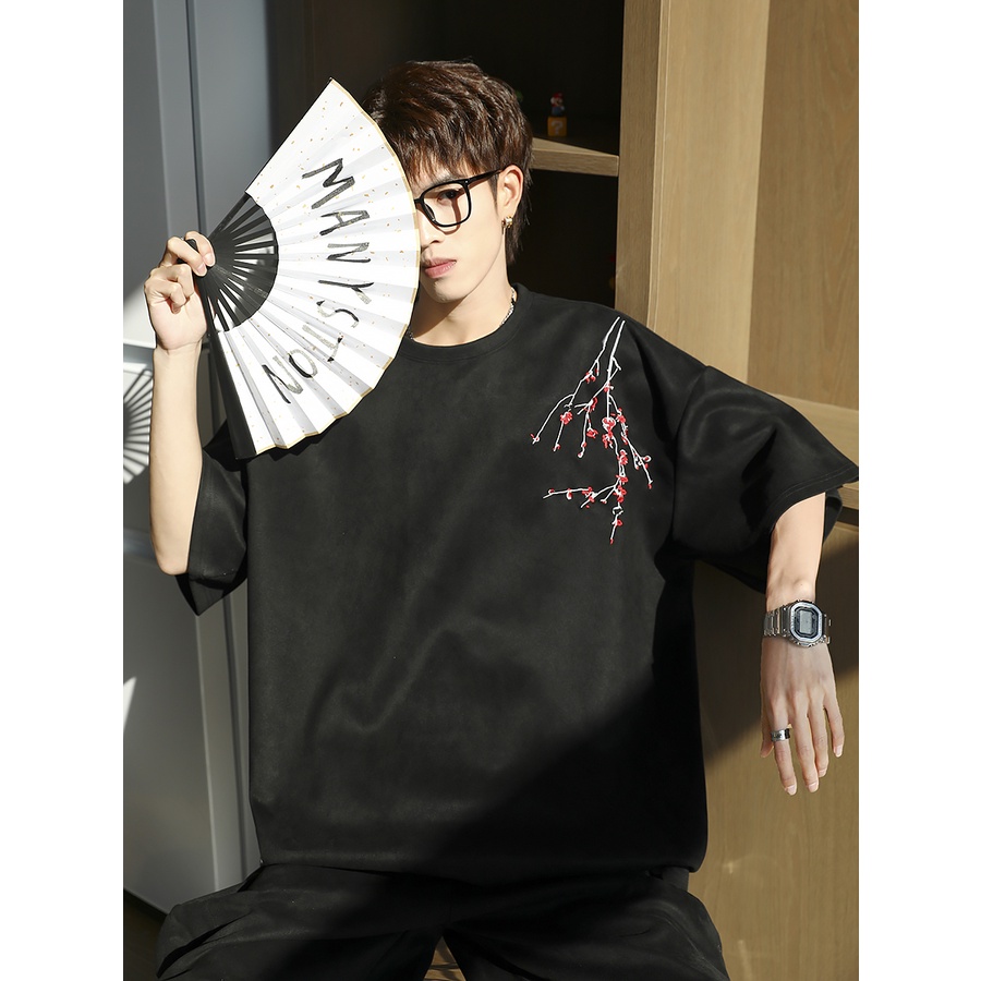 Áo Thun Da Lộn Ngắn Tay Thêu Họa Tiết Phong Cách Trung Hoa Thời Trang Mùa Hè Cho Nam