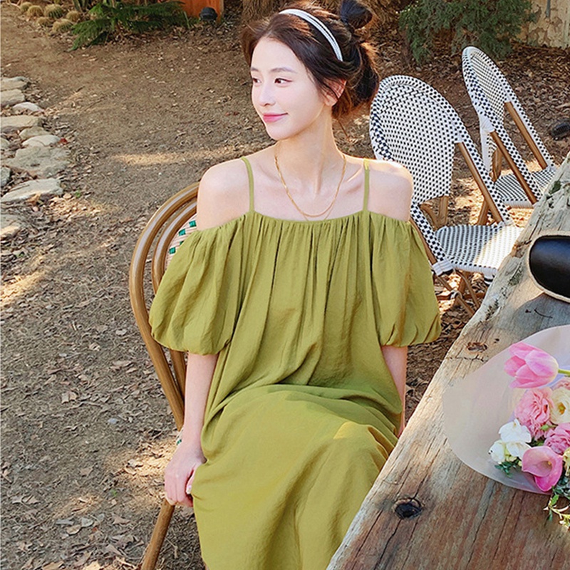 Đầm Dài Dáng Rộng Hở Vai Màu Sắc Trơn Thời Trang Dành Cho Nữ