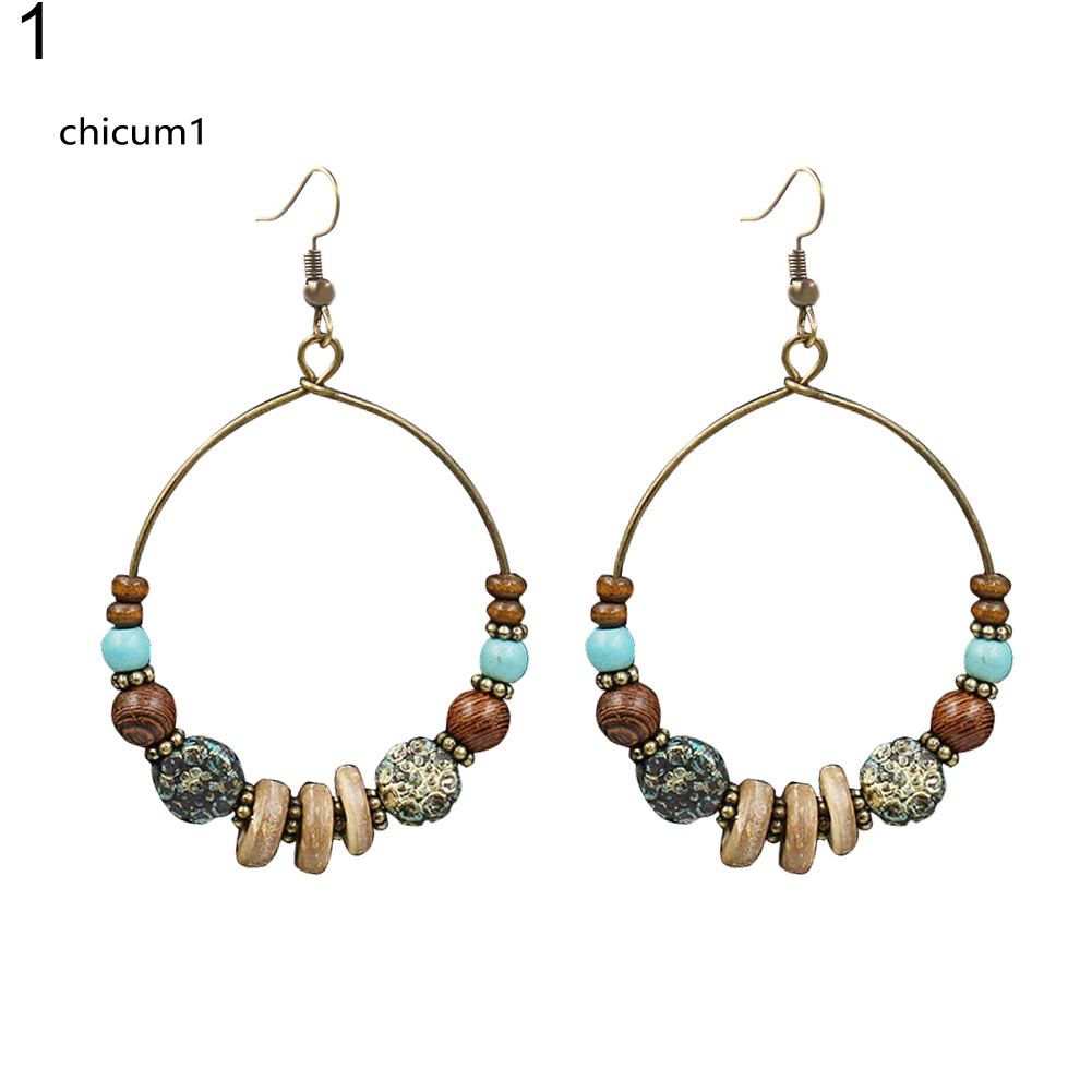 Khuyên Tai Nữ Trang Dáng Tròn Đính Hạt Gỗ Phong Cách Bohemian