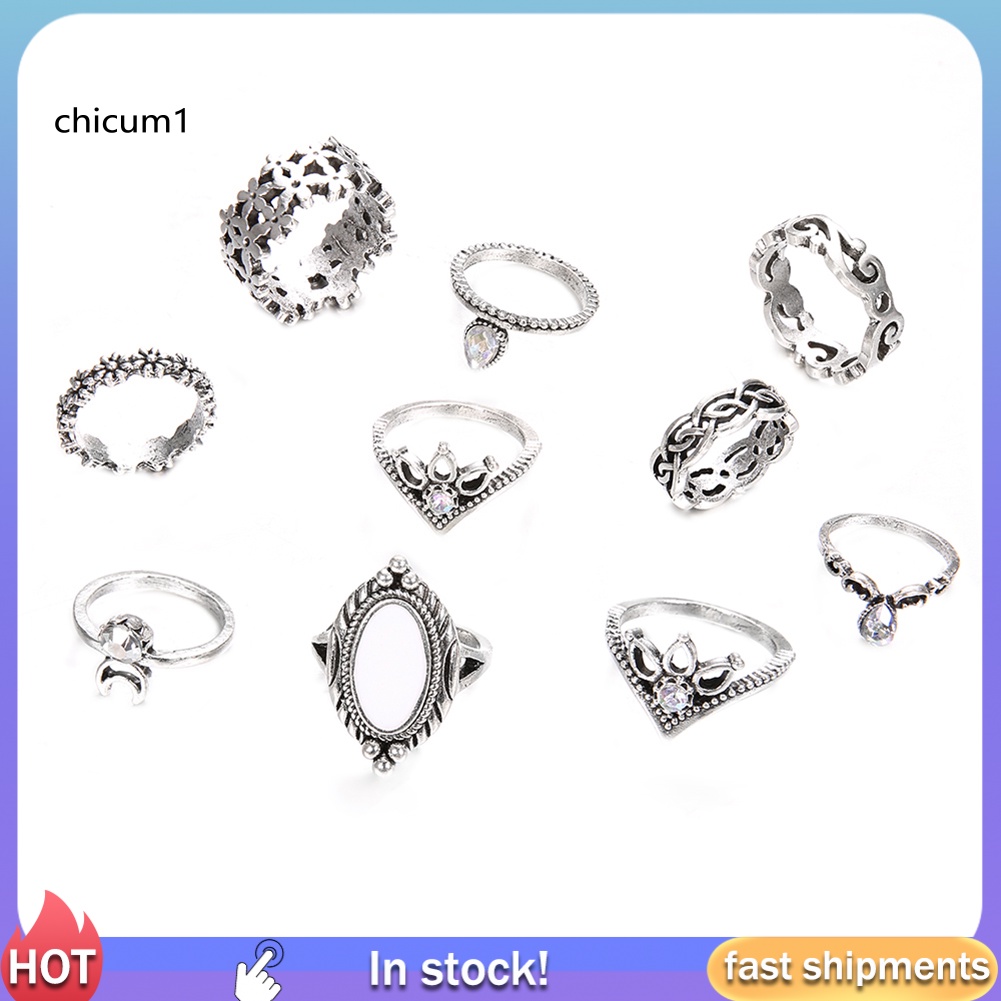 Set 10 Nhẫn Đốt Ngón Tay Đính Đá Opal Phong Cách Retro