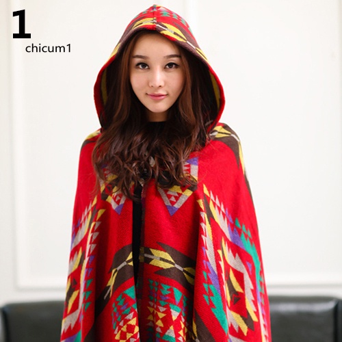 Áo Choàng Poncho Có Nón Họa Tiết Hình Học Kiểu Dân Tộc Cho Nữ