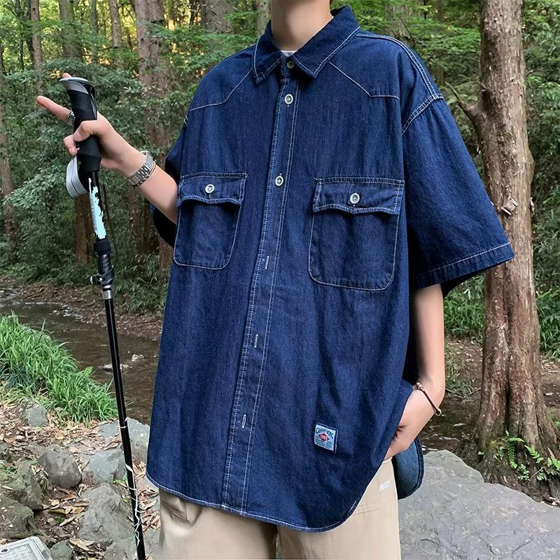 Áo Sơ Mi Denim Tay Ngắn Dáng Rộng Giả Nhiều Lớp Phong Cách Retro Nhật Bản Cho Nam Và Nữ
