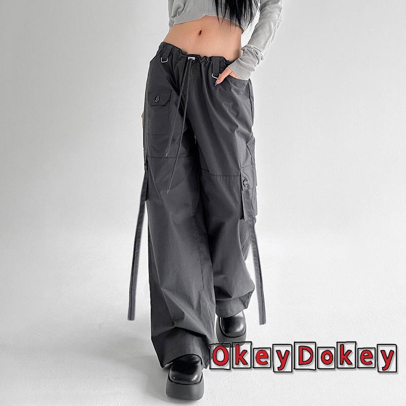 Quần Baggy Lưng Thấp Màu Trơn Có Dây Rút Và Túi Dành Cho Nữ