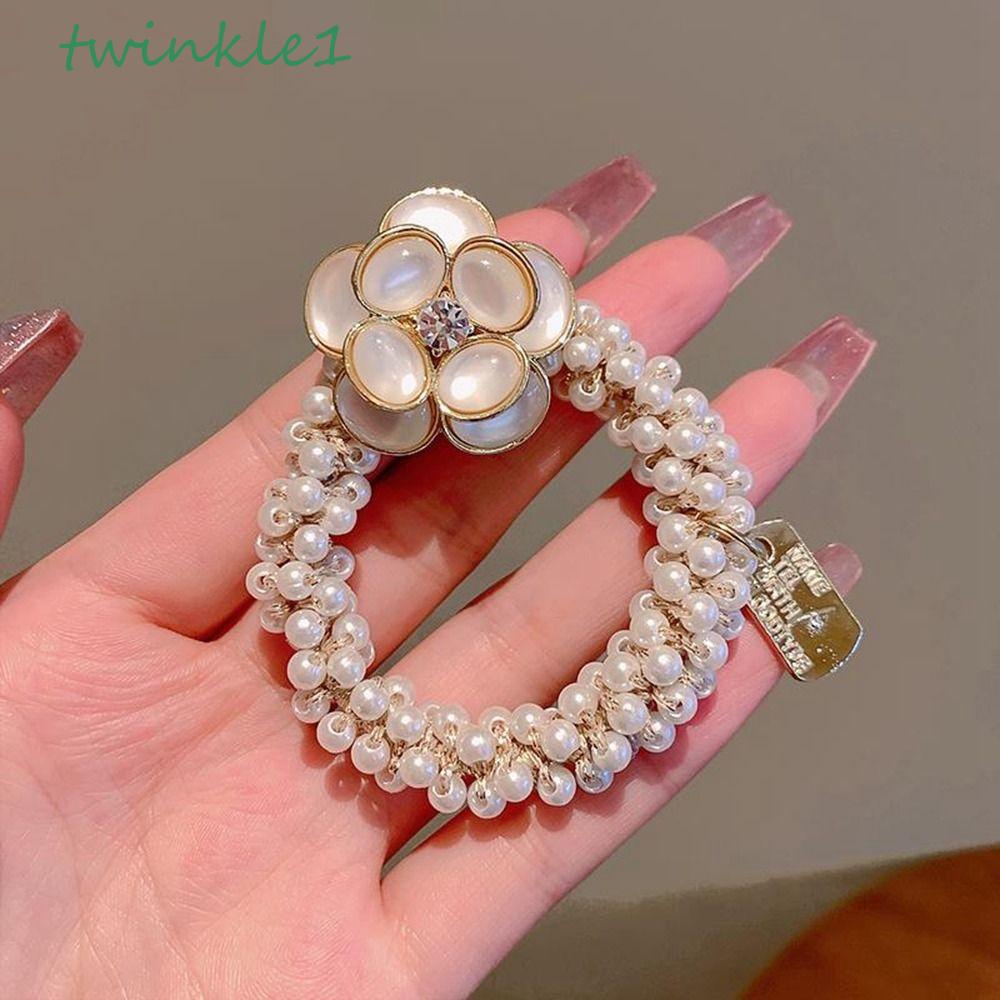 TWINKLE Dây Cột Tóc Đính Ngọc Trai Và Đá Hình Hoa Trà / Nơ Xinh Xắn Cho Nữ