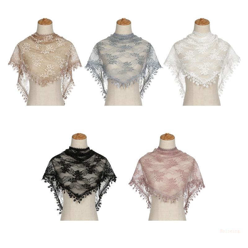 Khăn Choàng Ren Phối Tua Rua In Họa Tiết Hoa Hình Tam Giác Thời Trang Mùa Hè Cho Nữ