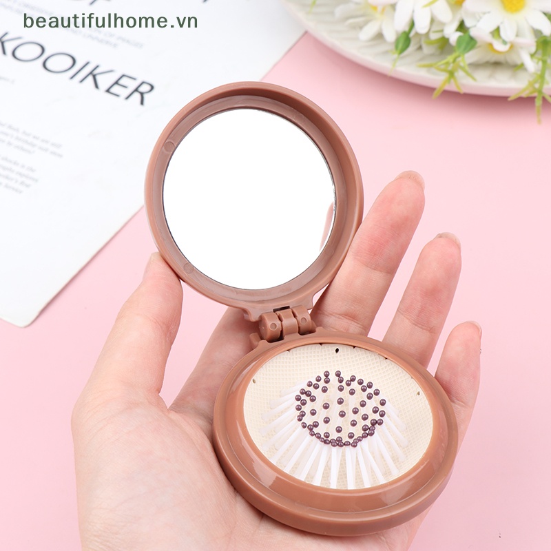1 Lược Chải Tóc Dạng Túi Khí Gập Tích Hợp Gương Kích Thước Nhỏ Gọn Dễ Thương