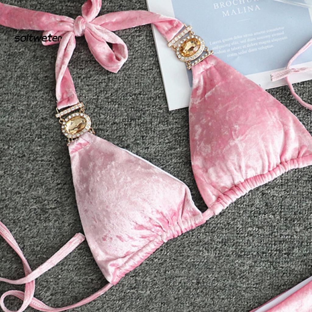 St Bộ Đồ Bơi Tam Giác Lưng Thấp Đính Đá Khóa Kim Loại Trang Trí Gợi Cảm Cho Nữ