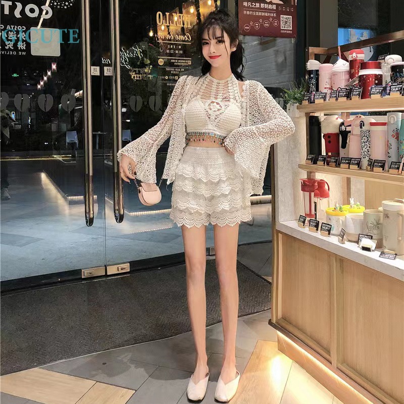 Gjocute Quần Short Dây Rút An Toàn Đi Biển Phối Ren Hoa Khoét Rỗng Kiểu Bohemia Giản Dị WTD