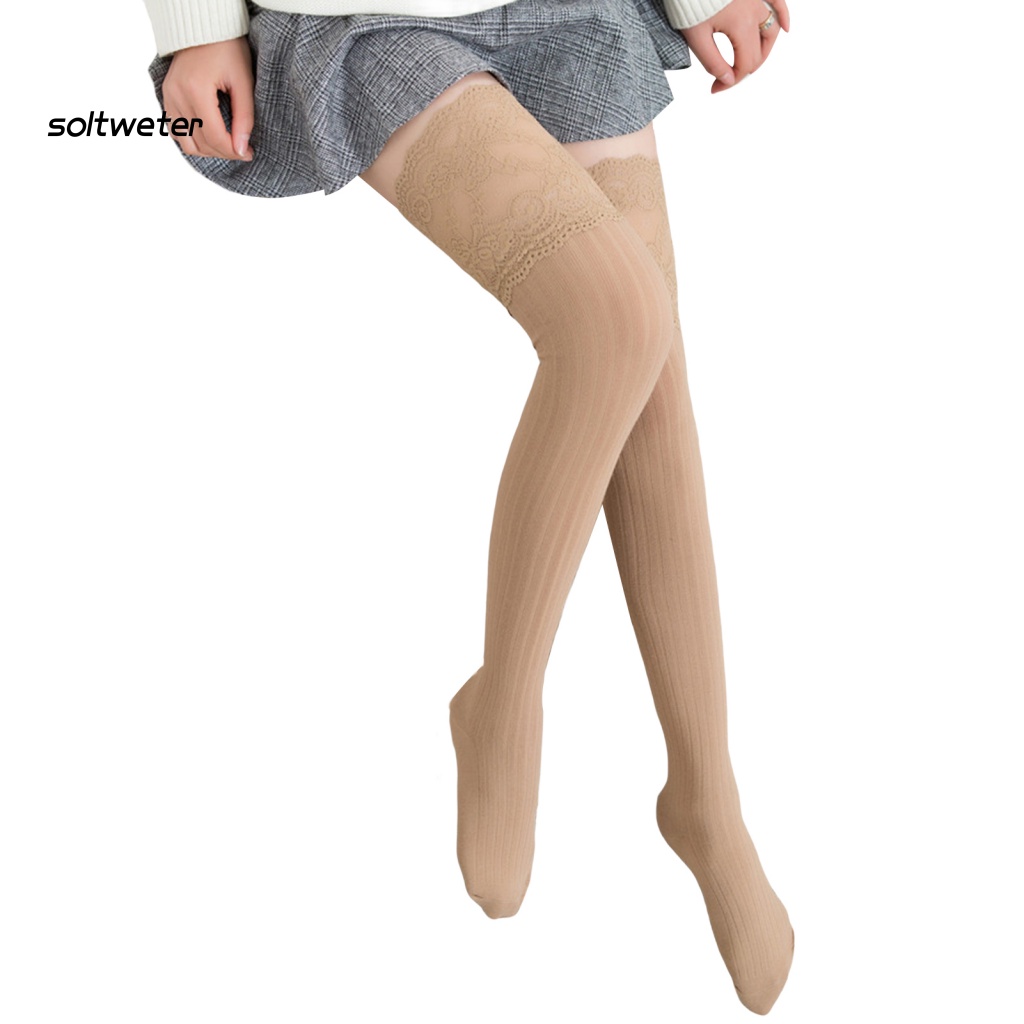 1 Đôi Tất Dài Qua Gối Viền Ren Thêu Hoa Màu Sắc Trơn Co Giãn Thoải Mái Giữ Ấm Chống Nhăn Cho Nữ
