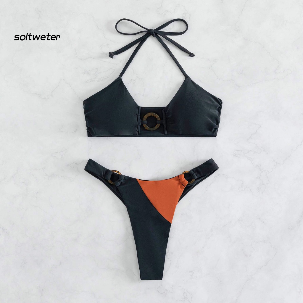 Bộ Đồ Bơi 2 Mảnh Mùa Hè Gồm Áo Cổ Yếm Cạp Cao Hở Lưng Cột Dây Màu Sắc Tương Phản Cho Nữ