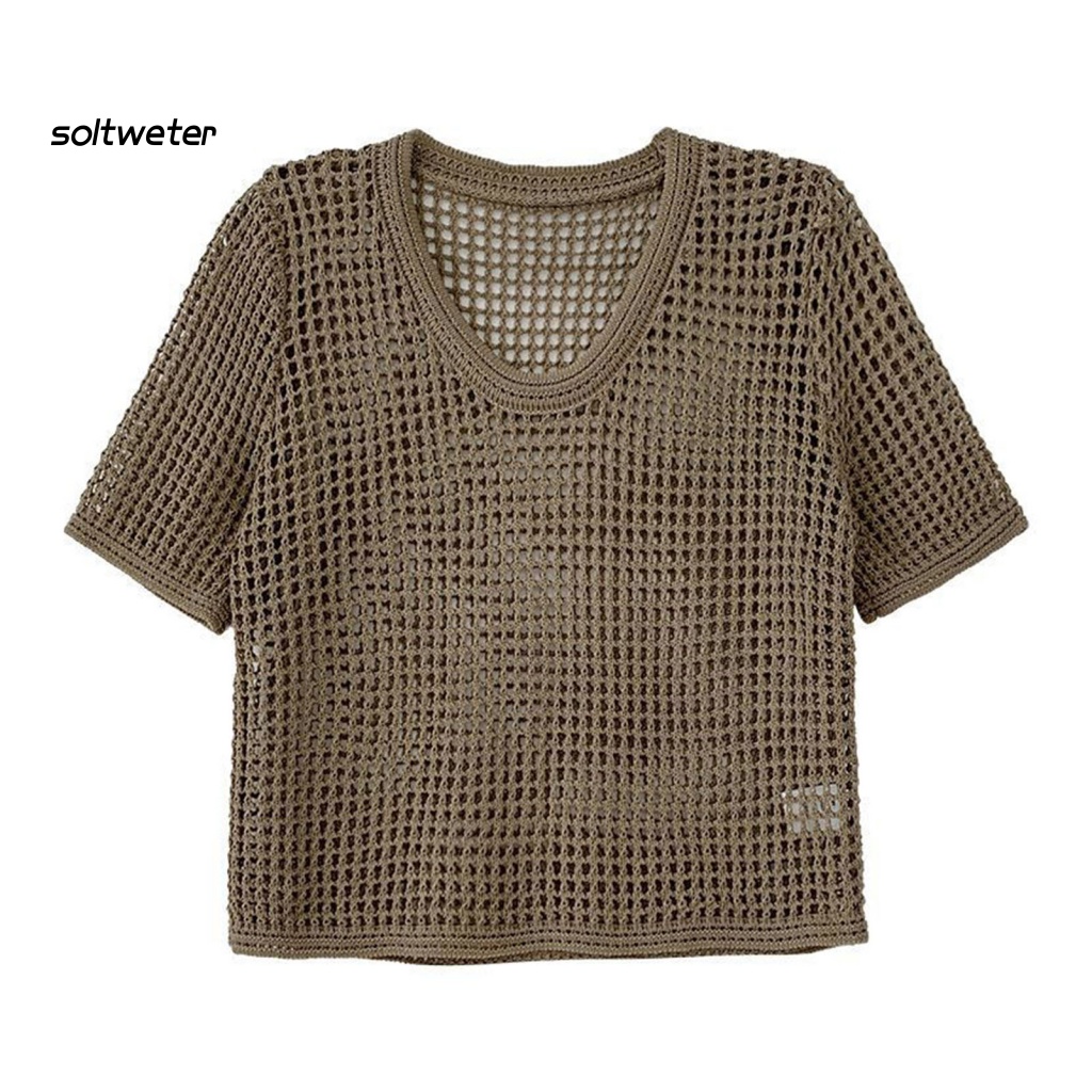 Áo Thun Dệt Kim Mỏng Tay Ngắn Cổ Tròn Màu Trơn Che Nắng Cho Nữ