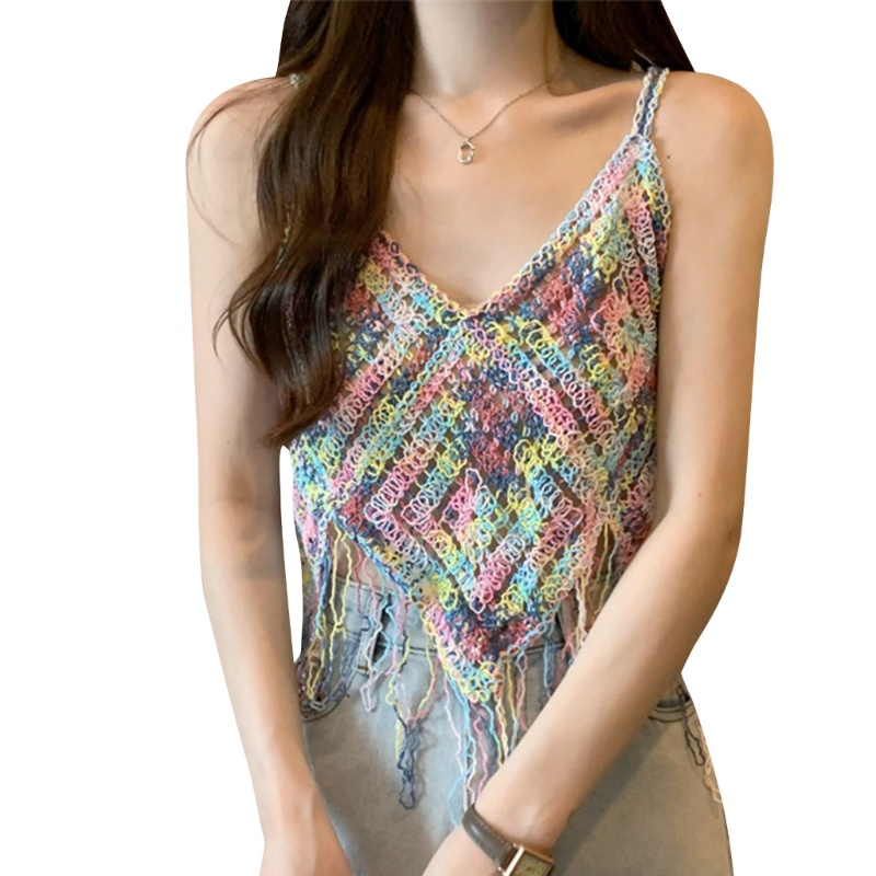 Áo Croptop Hai Dây Dệt Kim Không Tay Cổ Chữ V Thêu Họa Tiết Thời Trang Mùa Hè Dành Cho Nữ