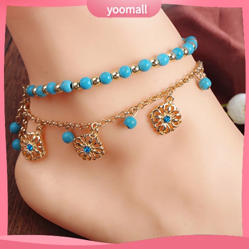 Lắc Chân Hai Lớp Đính Đá Ngọc Lam Hình Hoa Phong Cách Boho