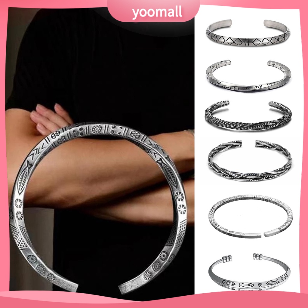 [YM] Vòng Tay Nam Dạng Hở Màu Bạc Trang Trí Hình Cá Và Chữ Cái Phong Cách Boho Có Thể Điều Chỉnh