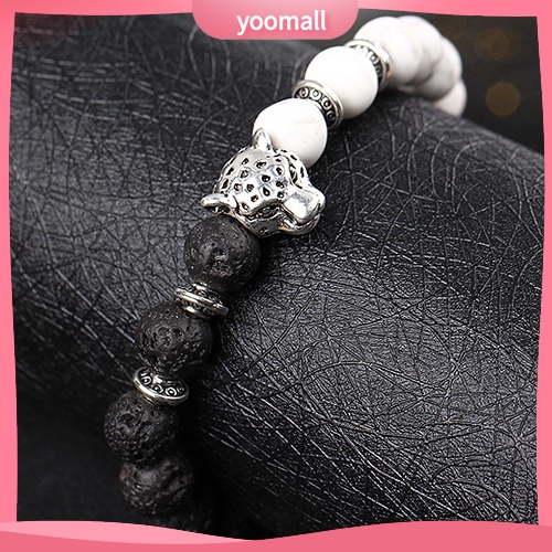 Vòng Tay Chuỗi Hạt Đá Tự Nhiên Mạ Bạc Phối Mặt Hình Đầu Báo Thời Trang Cho Nam Nữ