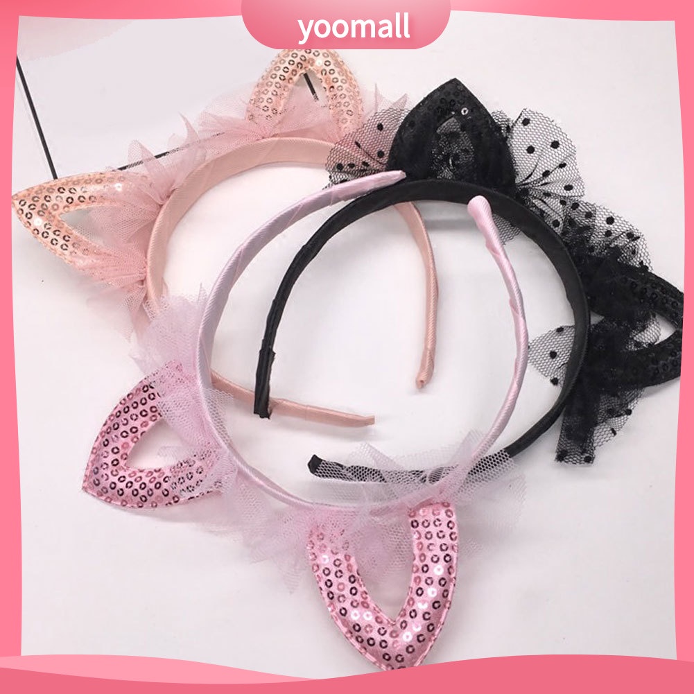 Băng Đô Cài Tóc Hình Tai Mèo Bằng Vải Gạc Đính Kim Sa Dễ Thương Cho Bé Gái